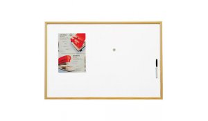 Bílá magnetická tabule 90x60 s dřevěným rámem a háčky na zavěšení
